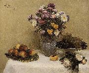 Henri Fantin-Latour White Roses, Chrysanthemums in a Vase, Peaches and Grapes on a Table with a White Tablecloth USA oil painting artist